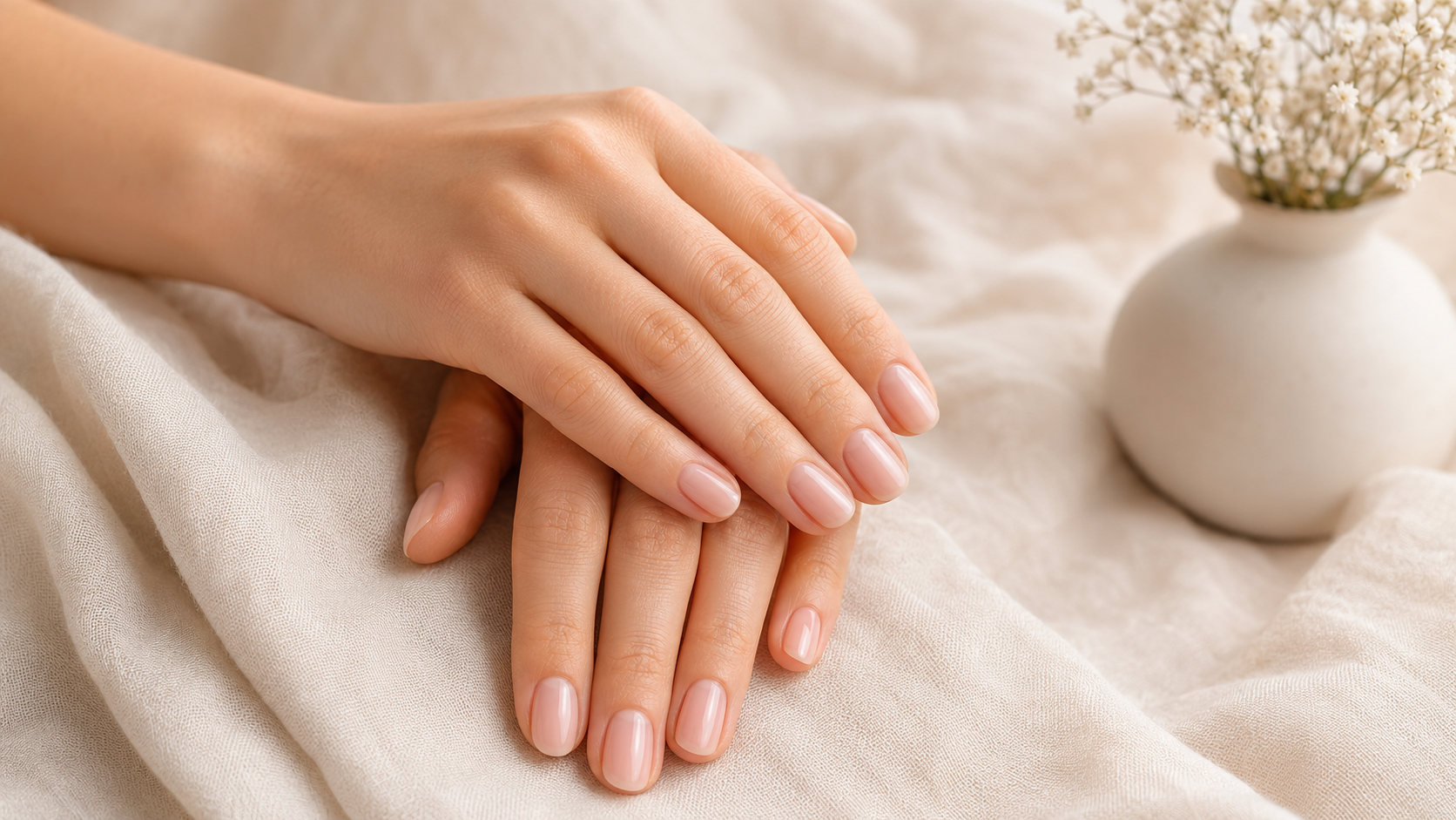 Elegant sheer nude-pink manicure in a calm, luxury setting